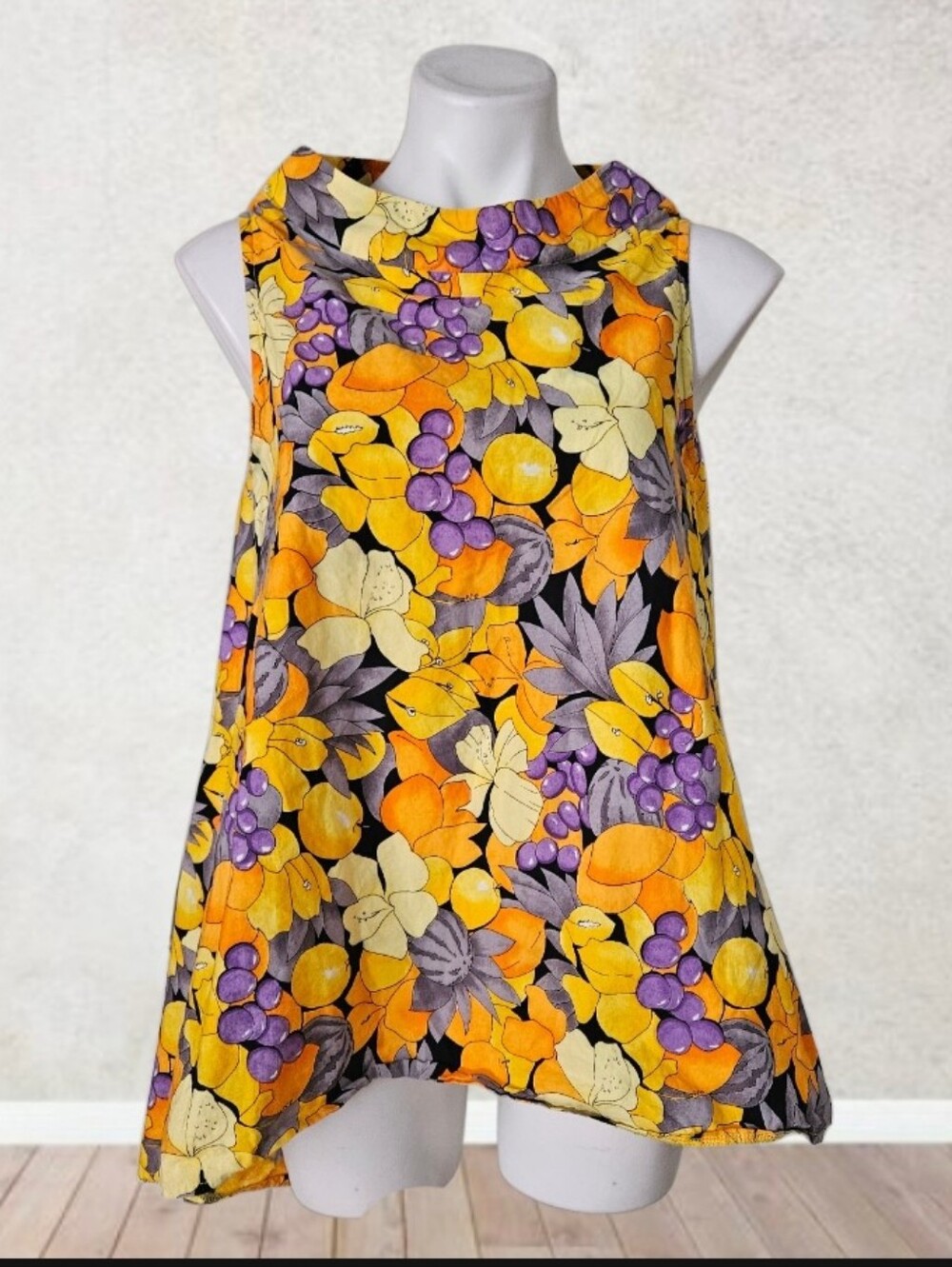 Gang Sleeveless Floral Fruit Print Swing Top - Yellow & Purple Large